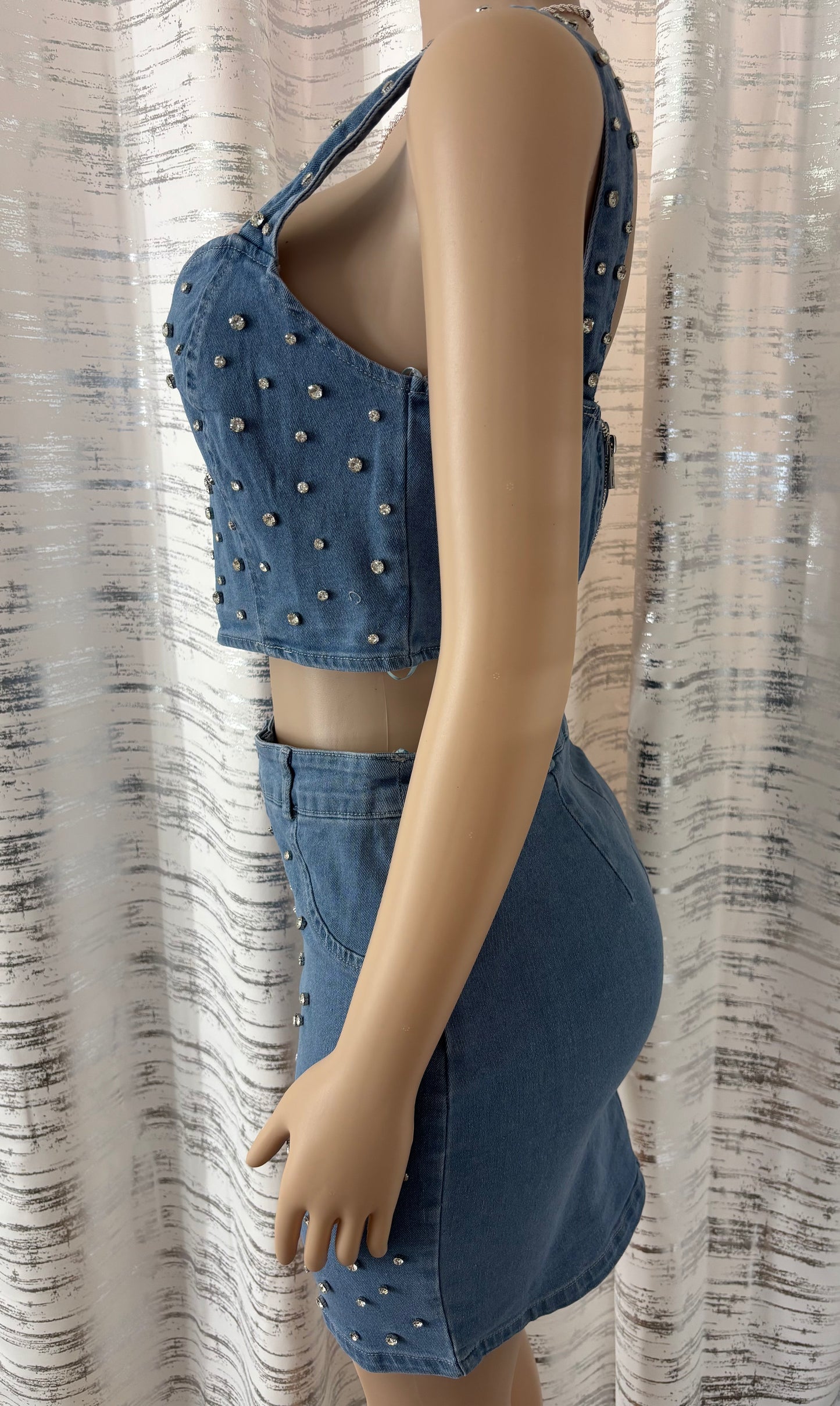 BLINGED DENIM CROP TOP & MINI SKIRT