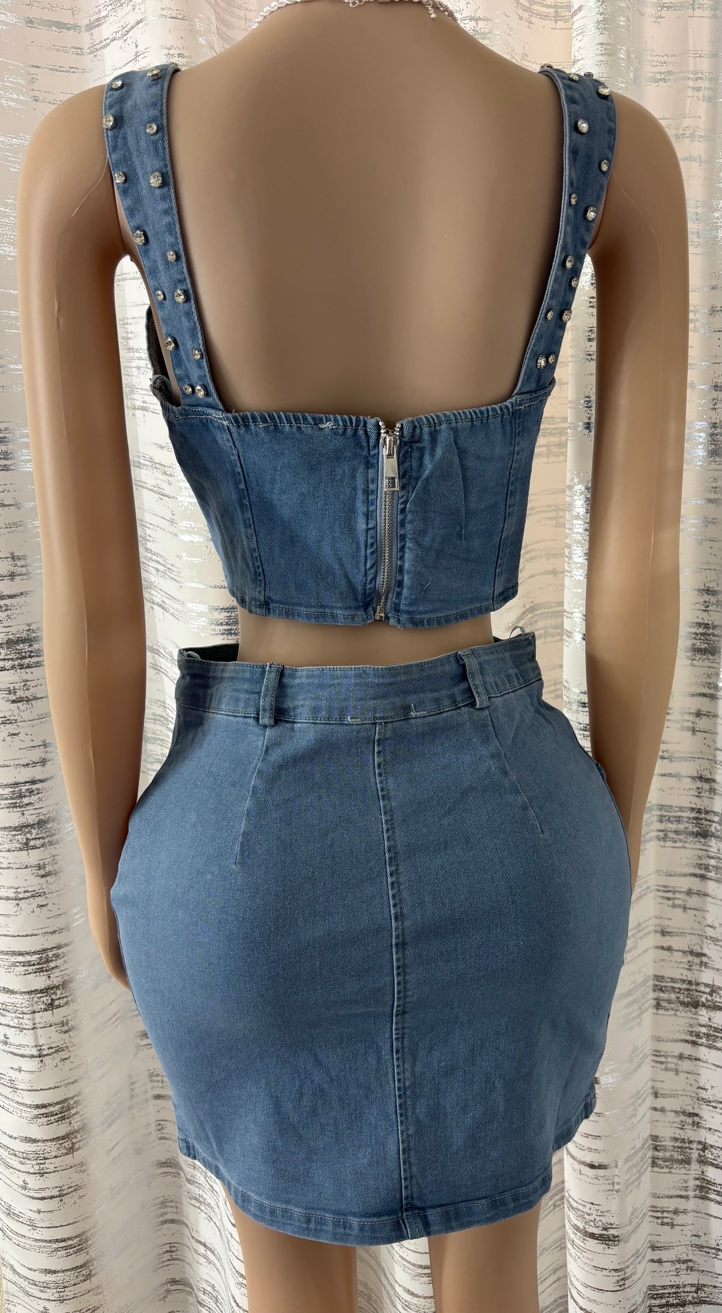 BLINGED DENIM CROP TOP & MINI SKIRT