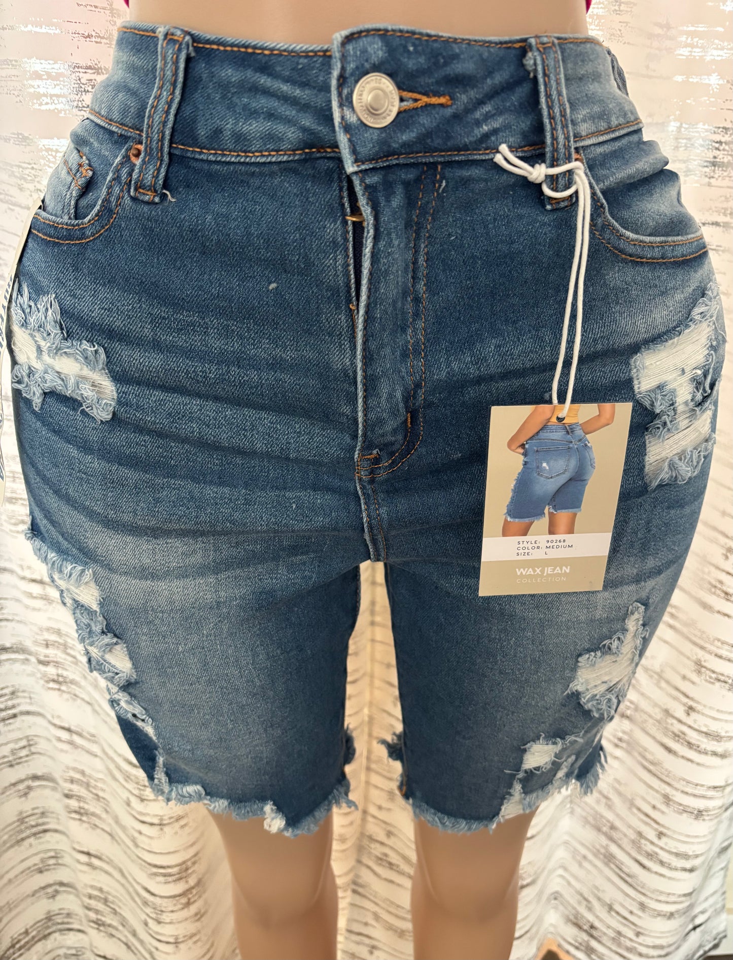 HIGH RISE DISTRESSED BIKER SHORT JEAN