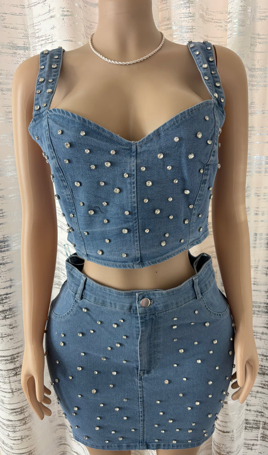 BLINGED DENIM CROP TOP & MINI SKIRT
