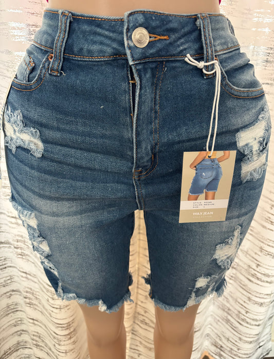 HIGH RISE DISTRESSED BIKER SHORT JEAN